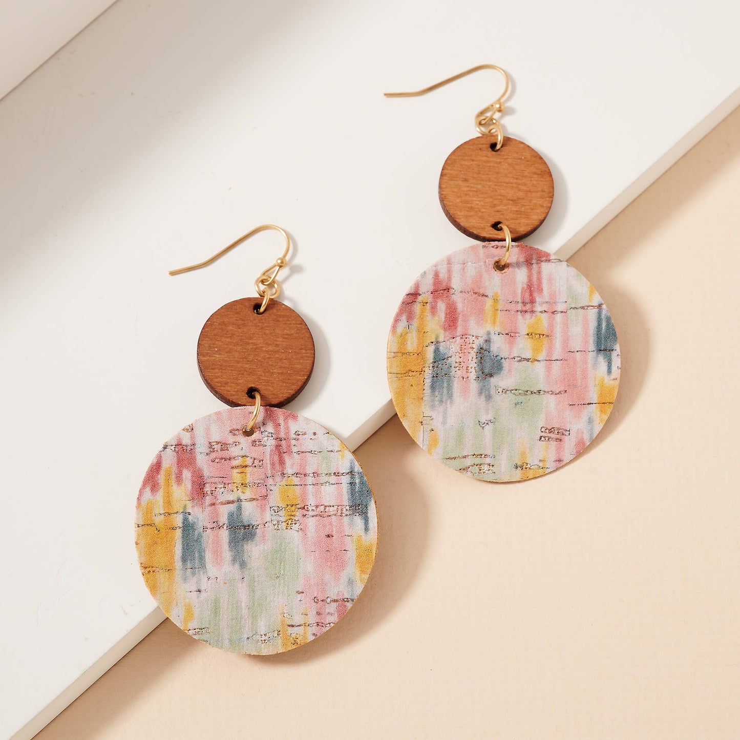 Water Paint Print Cork Wood Dangling Earrings