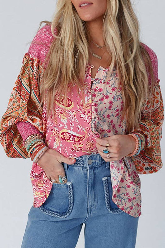 Floral Patchwork Balloon Sleeve Shirt