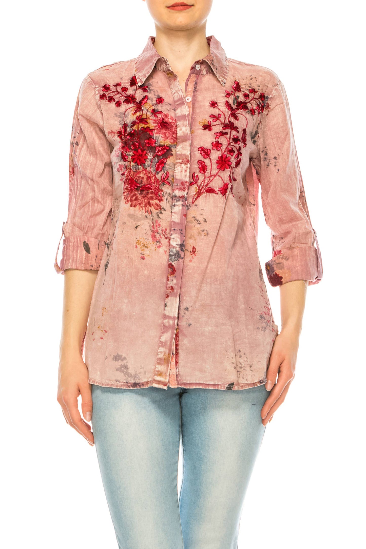 Vintage Pink Floral Printed Shirt with Embroidery
