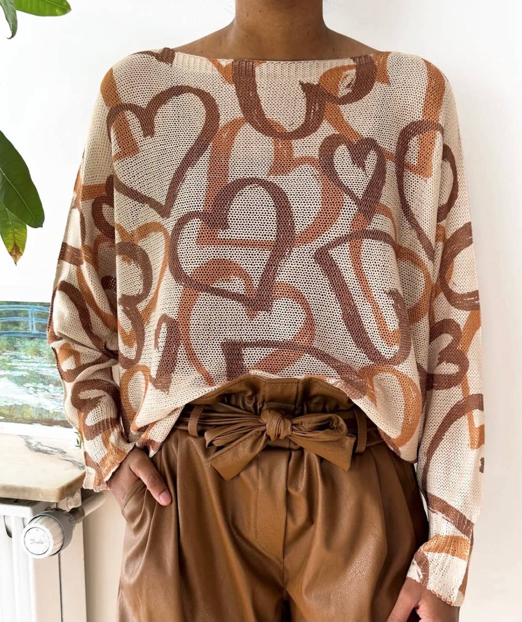 Beige Heart Printed Knitted Sweater