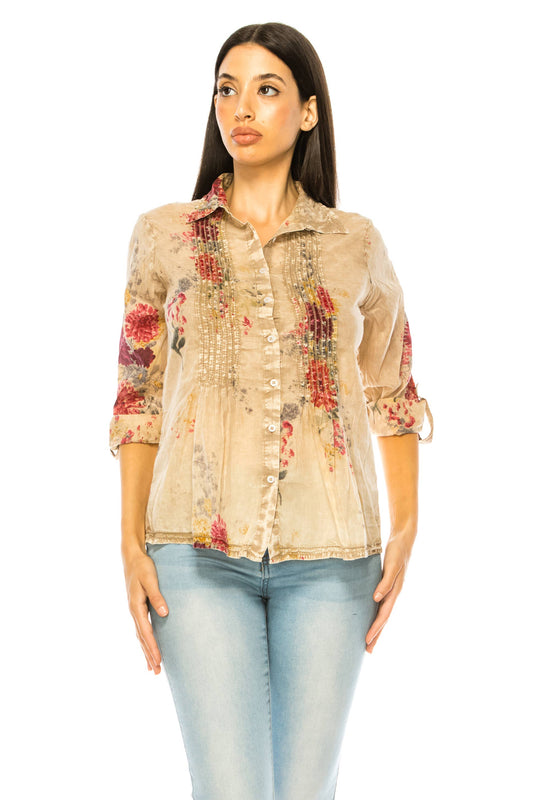 Vintage Floral Taupe Shirt with Lace Inserts and Pin Tucks