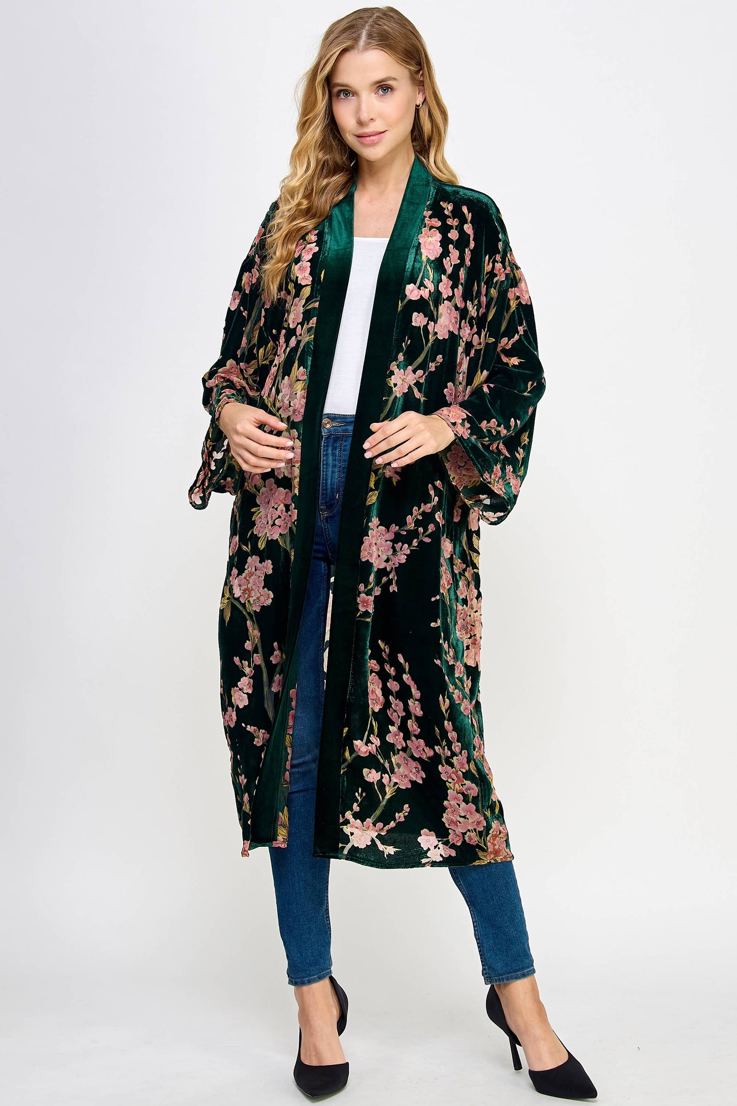 Floral Longline Duster - Emerald Green