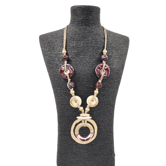 Burgundy Red & Beige Ceramic Stone Necklace