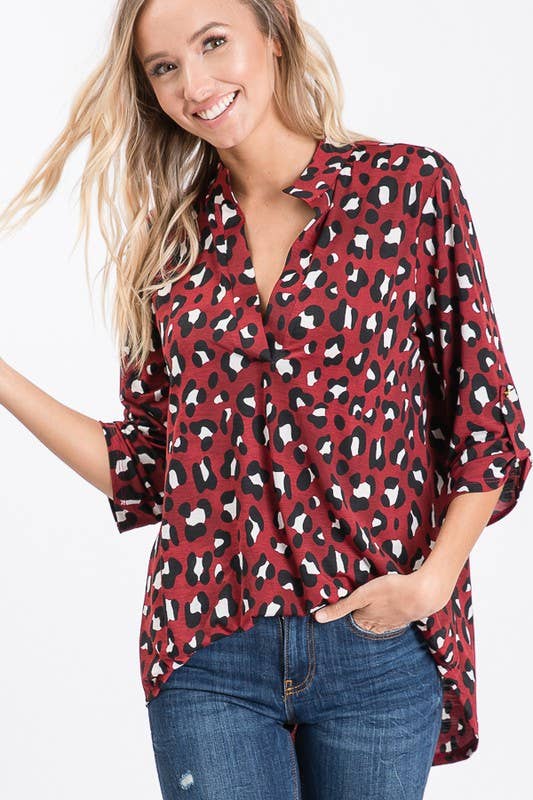 Roll Up Button Sleeve Animal Collar Top