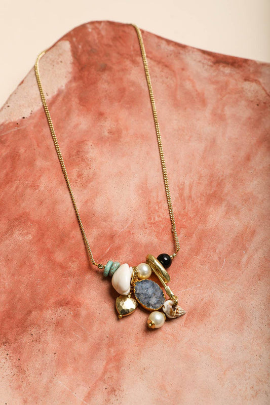 Stone Gem Charm and Shell Chain  Necklace