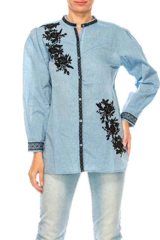 Button Down Chambray Tunic with Embroidery