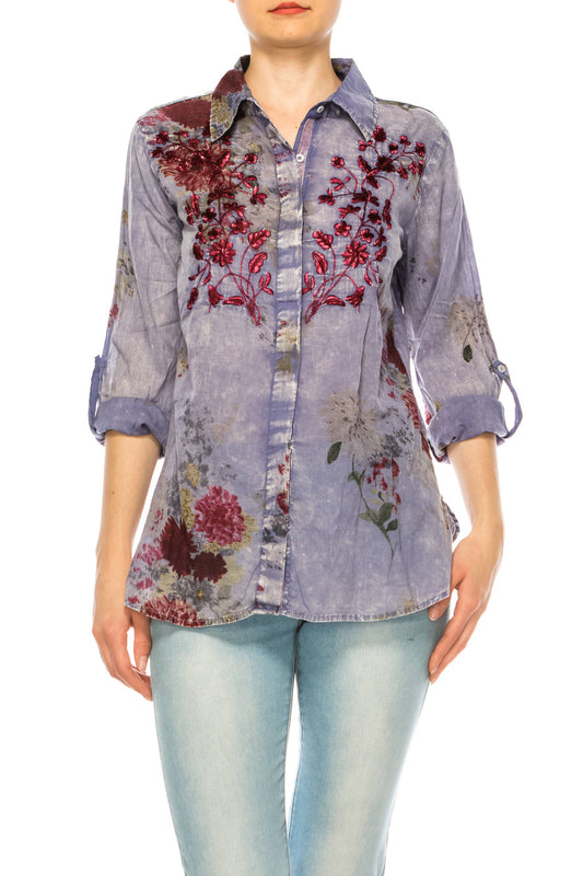 Vintage Blue Floral Printed Shirt with Embroidery