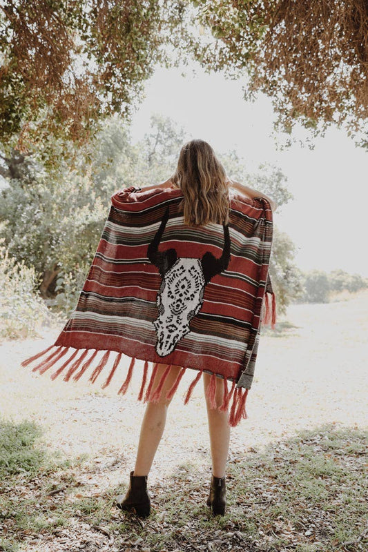 Bohemian Cow Skull Serape Kimono Red